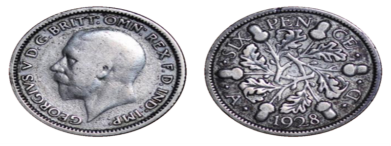 Silver sixpence coin from 1928